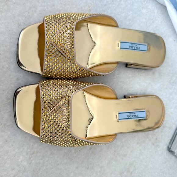 Prada Satin Crystal Embellished Gold Slide Mules Sandals 36, 1XX642 - Picture 2 of 16